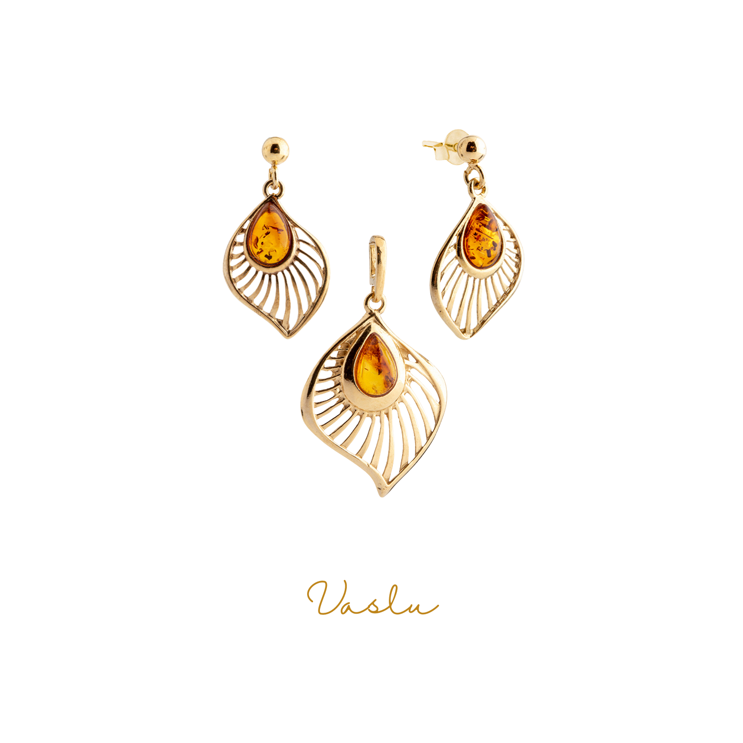 Kehribar Taşlı Açık İşlemeli Gümüş Kolye Seti