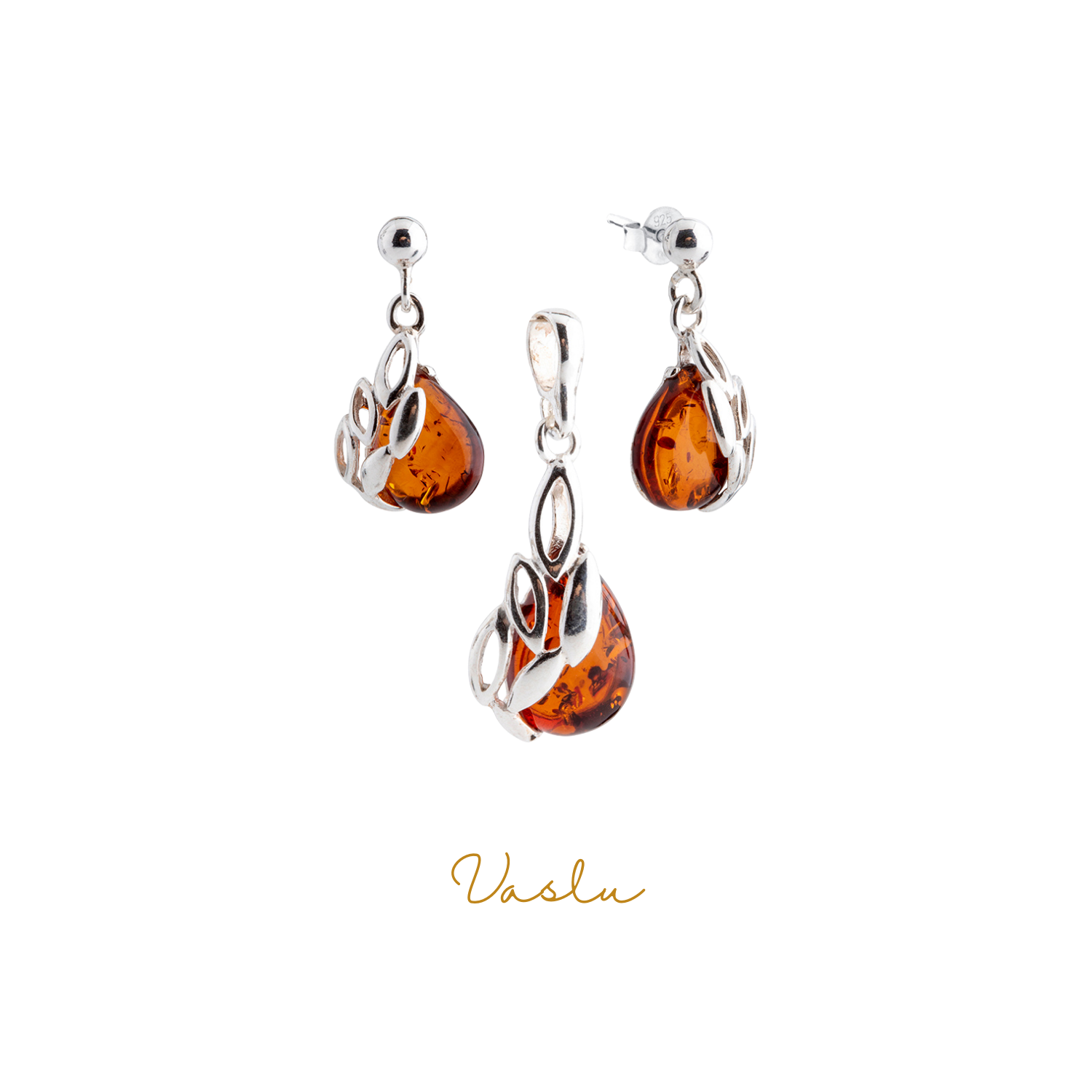 Gümüş Yapraklı Kehribar Taşlı Takı Seti