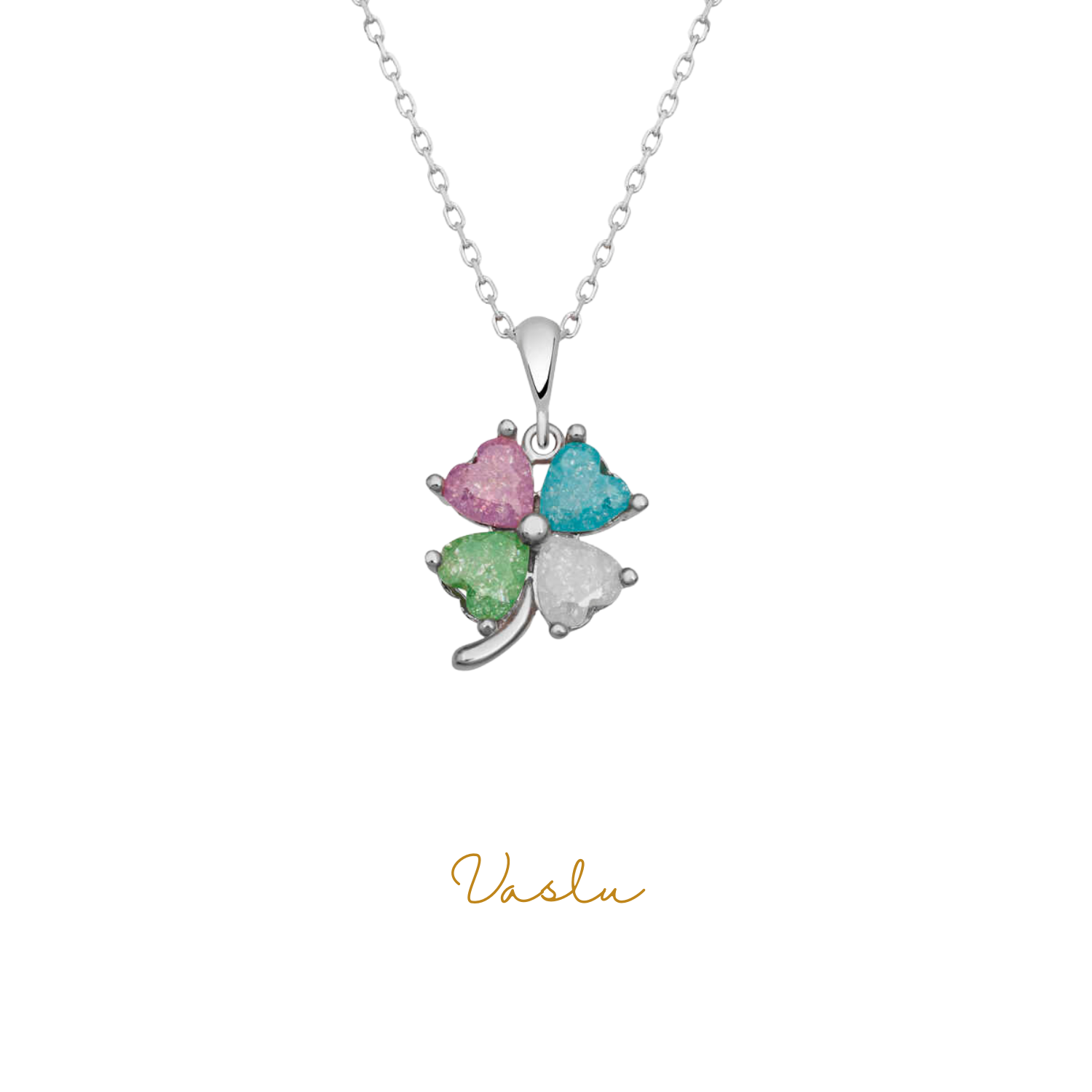 Gümüş Renkli Taşlı Kalp Yonca Kadın Kolye